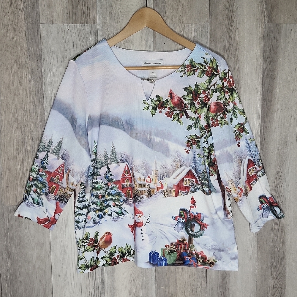 Alfred Dunner Womens L Petite Classic Village Scene Split Neck Top Blouse Winter